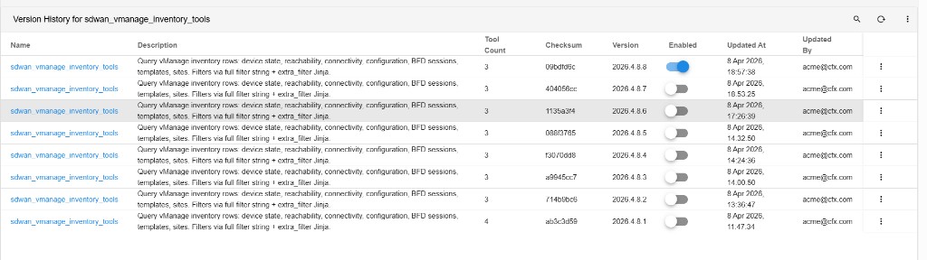 Version History for a toolset showing versions, checksums, enabled state, and audit fields