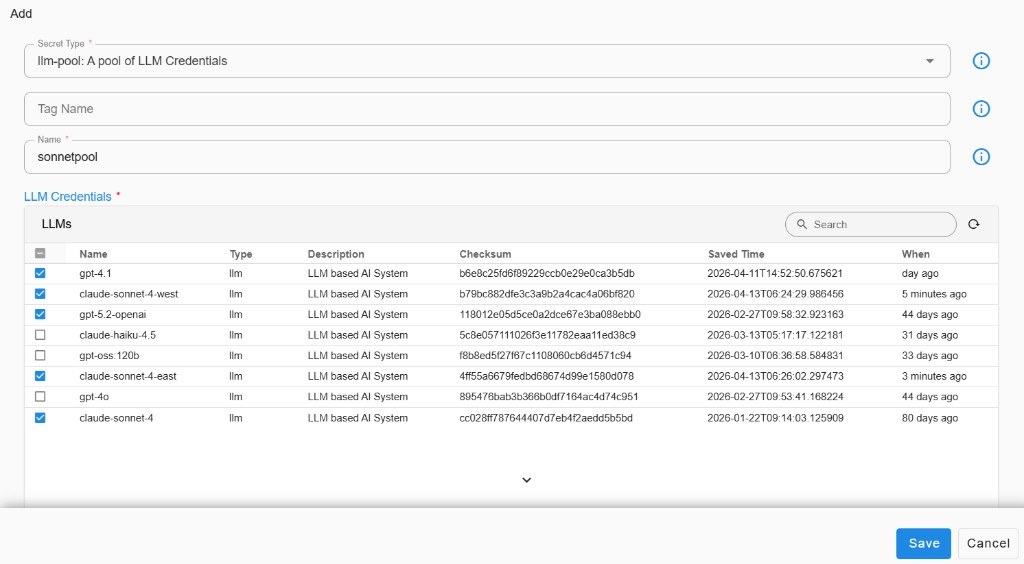 Add LLM pool: llm-pool secret type, name, LLM credentials table with Save and Cancel